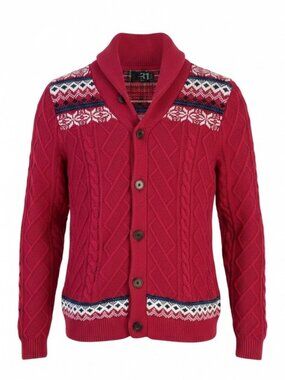 LE 31 SIMONS Red Fair Isle Shawl Collar Cotton Cardigan m